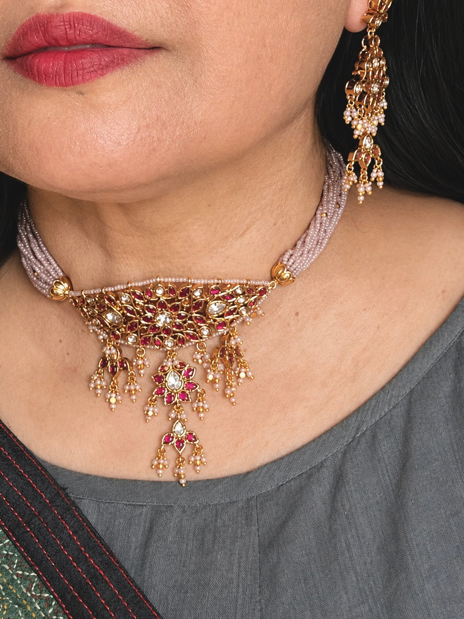 Ruby Pink Kundan Choker Necklace Set, Lavender Bead Strand Indian Bridal Jewelry