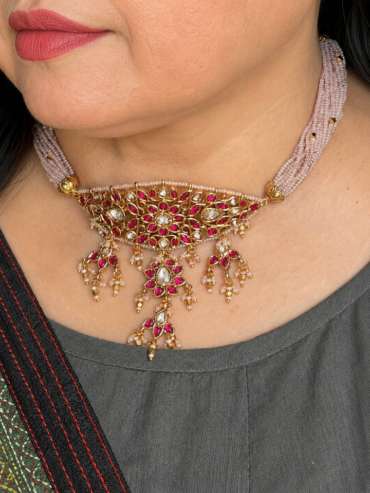 Ruby Pink Kundan Choker Necklace Set, Lavender Bead Strand Indian Bridal Jewelry
