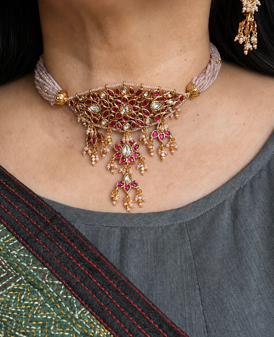 Ruby Pink Kundan Choker Necklace Set, Lavender Bead Strand Indian Bridal Jewelry