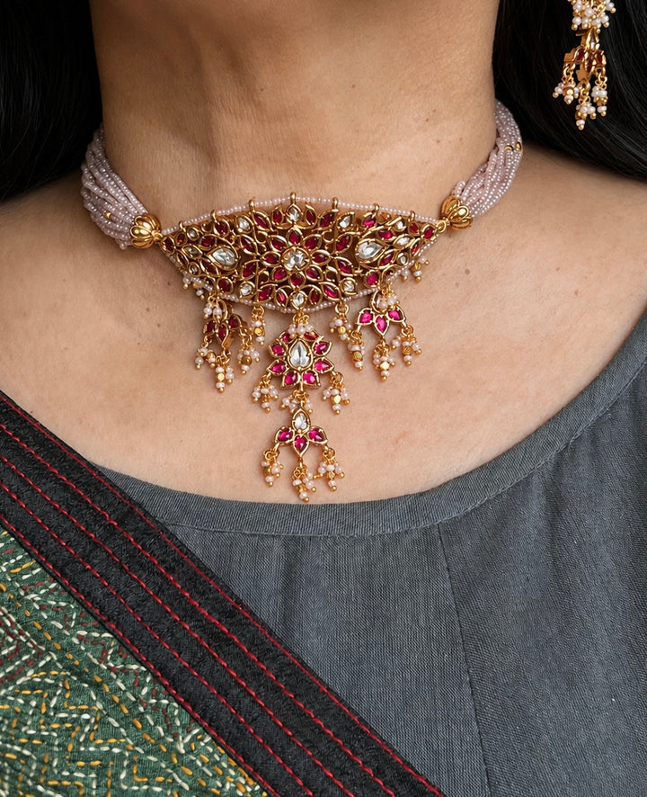Ruby Pink Kundan Choker Necklace Set, Lavender Bead Strand Indian Bridal Jewelry