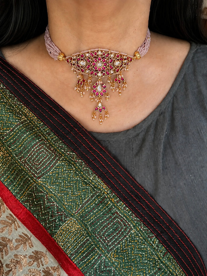 Ruby Pink Kundan Choker Necklace Set, Lavender Bead Strand Indian Bridal Jewelry