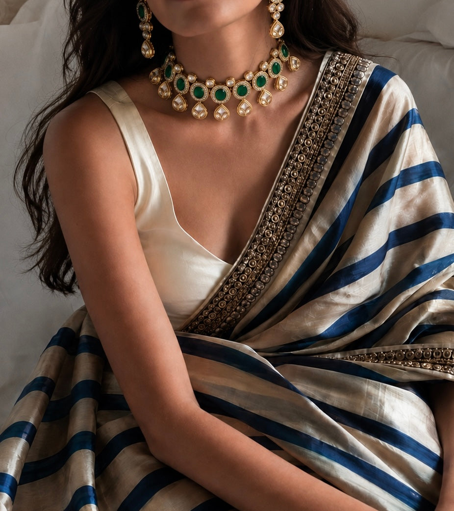Green Kundan Choker Necklace Set with Earrings, Premium Brass Indian Bridal Jewelry