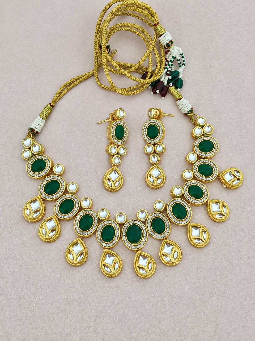 Green Kundan Choker Necklace Set with Earrings, Premium Brass Indian Bridal Jewelry