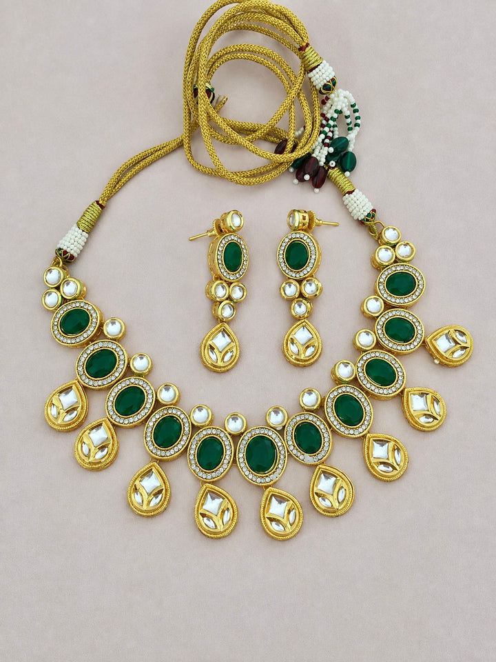 Green Kundan Choker Necklace Set with Earrings, Premium Brass Indian Bridal Jewelry