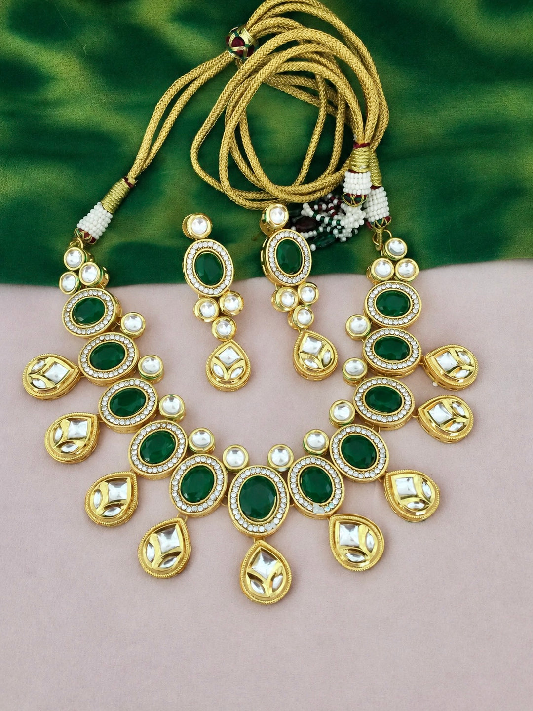 Green Kundan Choker Necklace Set with Earrings, Premium Brass Indian Bridal Jewelry