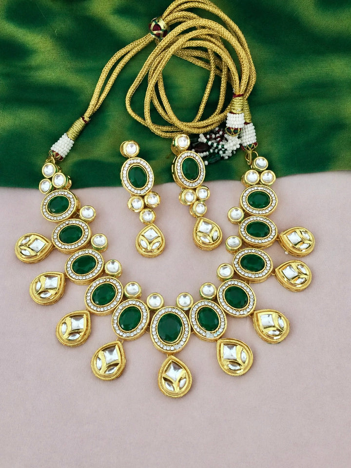 Green Kundan Choker Necklace Set with Earrings, Premium Brass Indian Bridal Jewelry