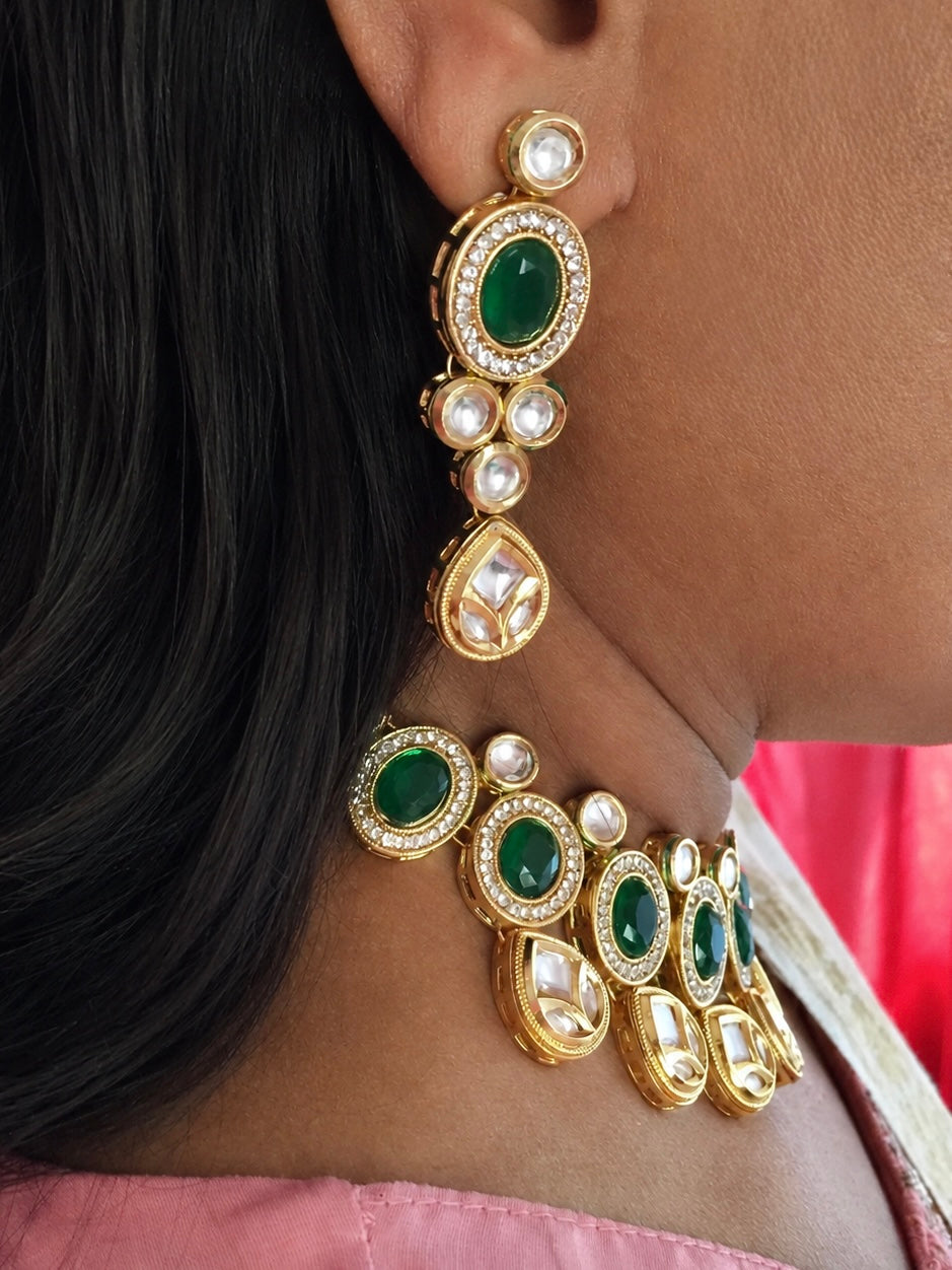 Green Kundan Choker Necklace Set with Earrings, Premium Brass Indian Bridal Jewelry