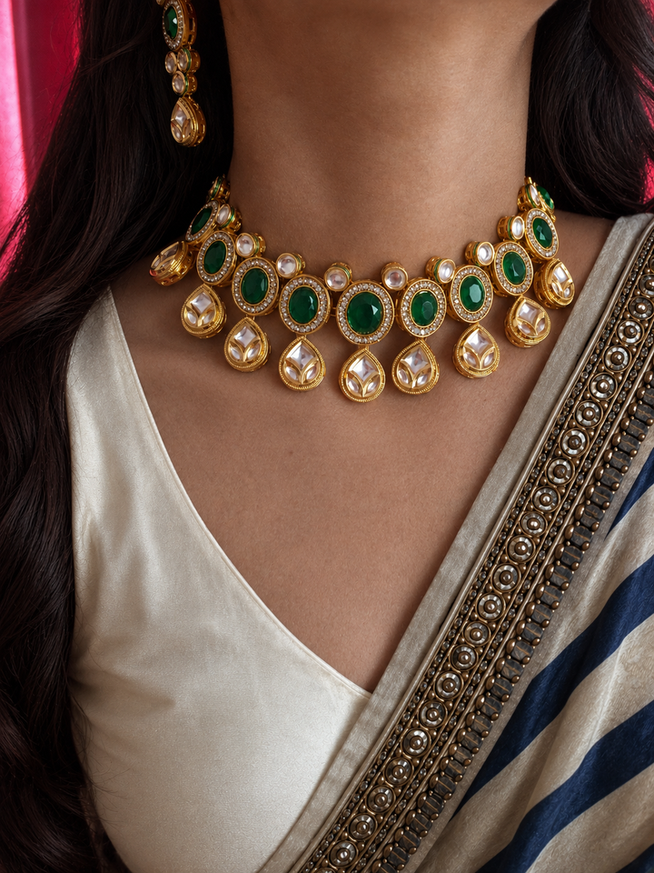 Green Kundan Choker Necklace Set with Earrings, Premium Brass Indian Bridal Jewelry