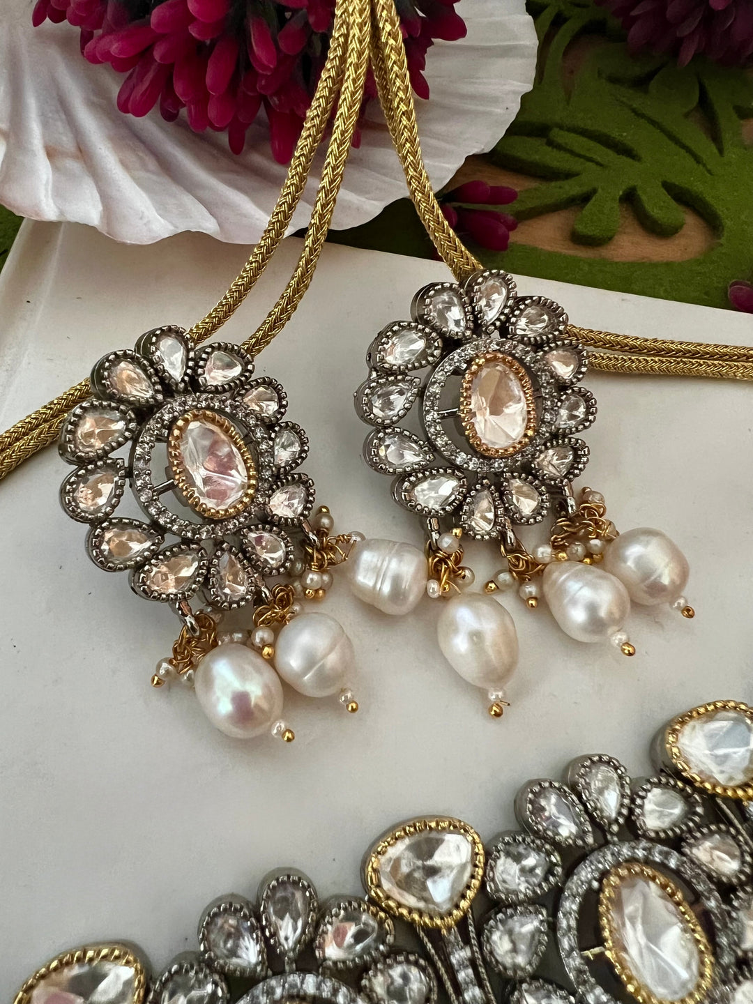 Dual Tone Kundan Choker Necklace Set with Pearl Drops