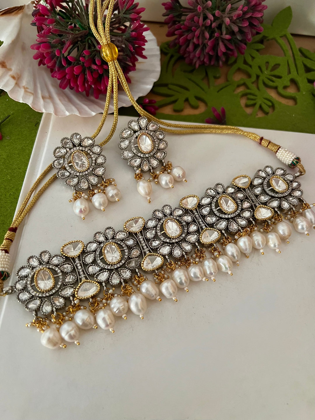 Dual Tone Kundan Choker Necklace Set with Pearl Drops