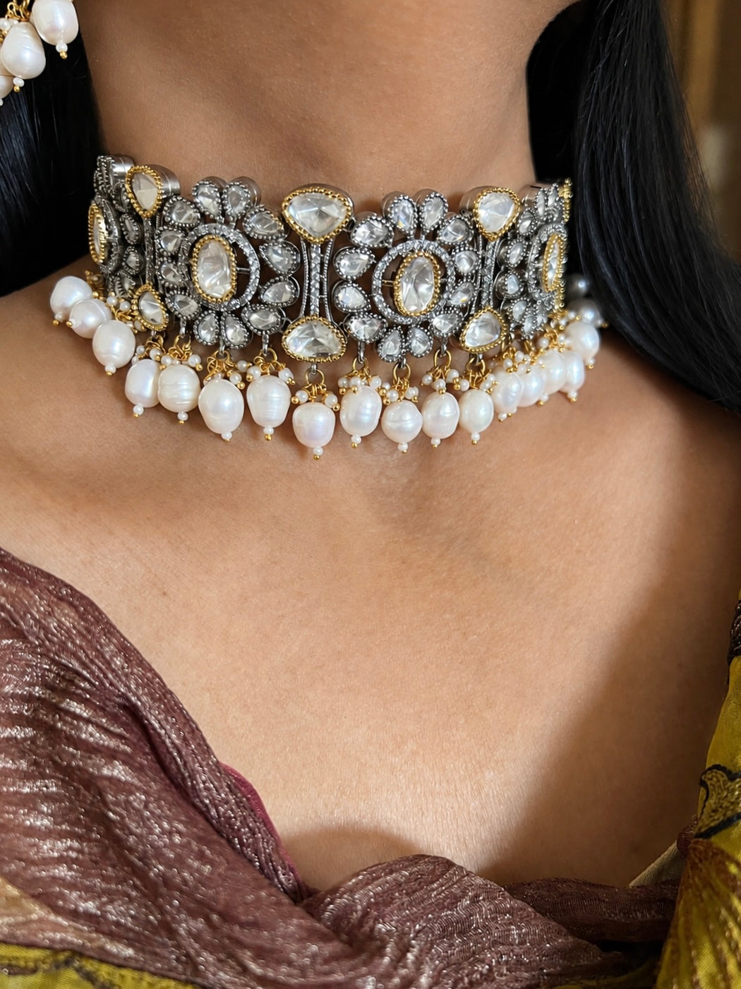 Dual Tone Kundan Choker Necklace Set with Pearl Drops