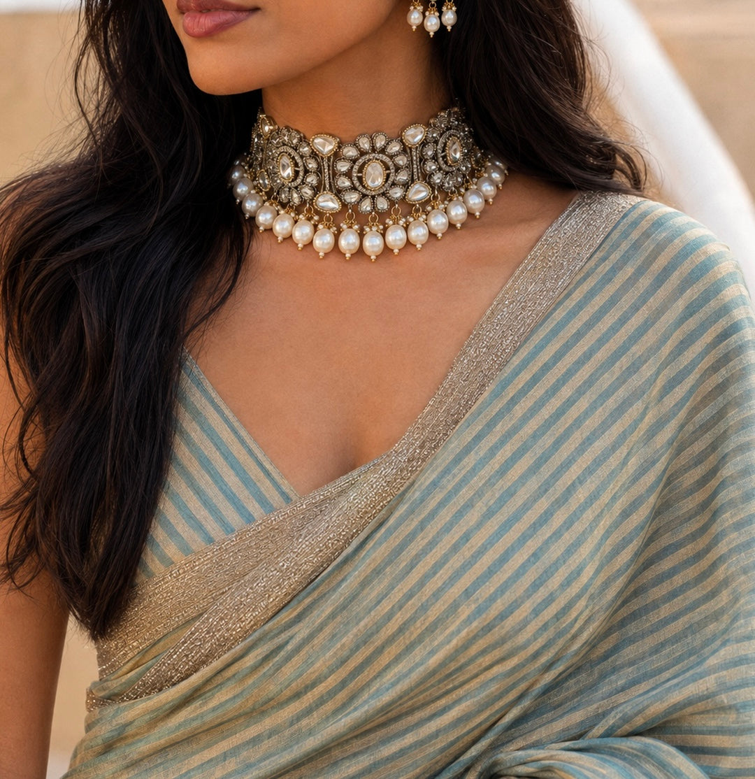 Dual Tone Kundan Choker Necklace Set with Pearl Drops