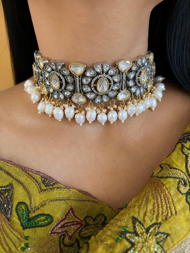 Dual Tone Kundan Choker Necklace Set with Pearl Drops