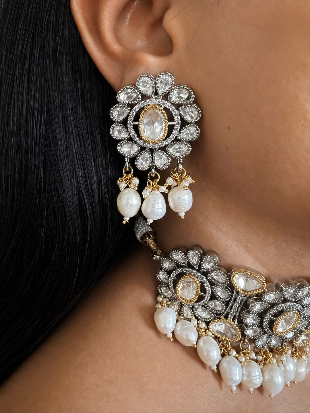 Dual Tone Kundan Choker Necklace Set with Pearl Drops