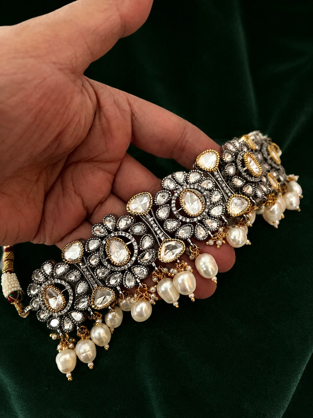 Dual Tone Kundan Choker Necklace Set with Pearl Drops