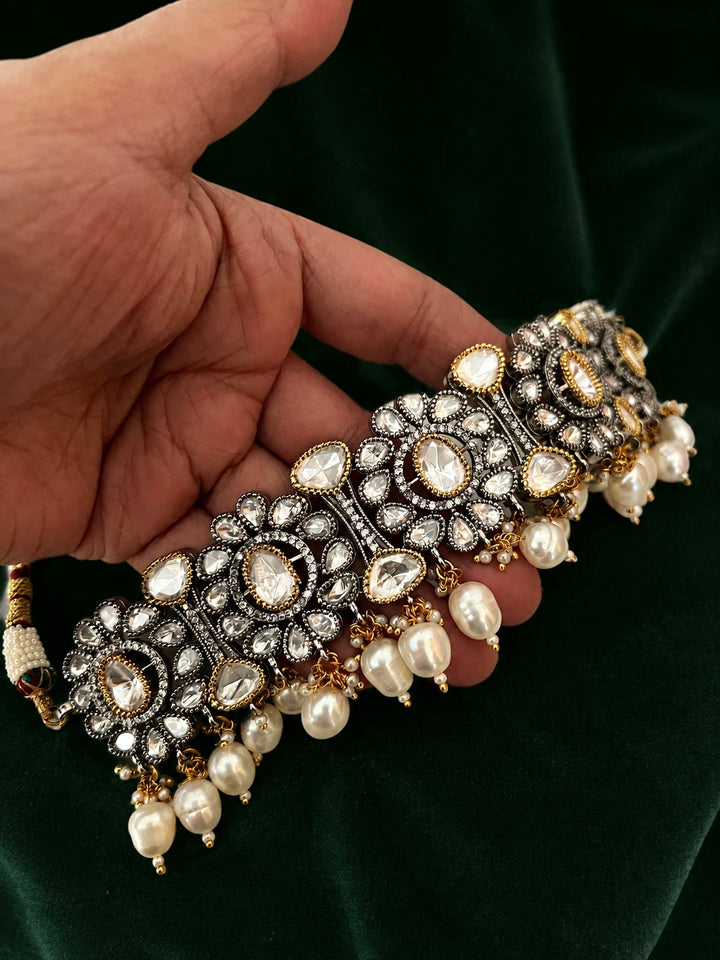 Dual Tone Kundan Choker Necklace Set with Pearl Drops