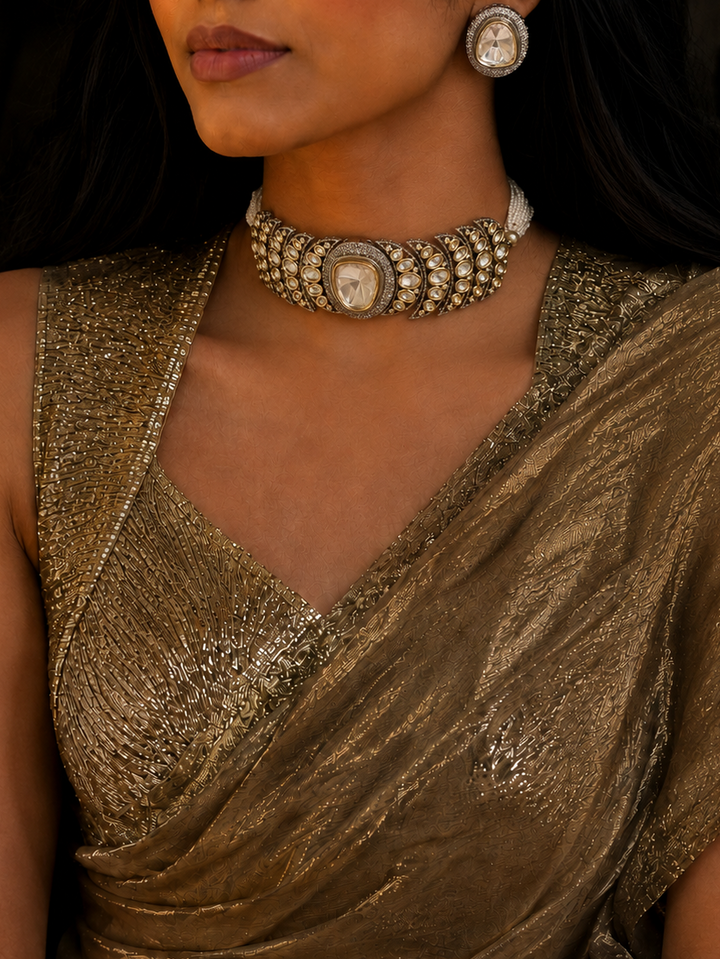 Dual Tone Kundan Choker Necklace Set with Pearl Strand
