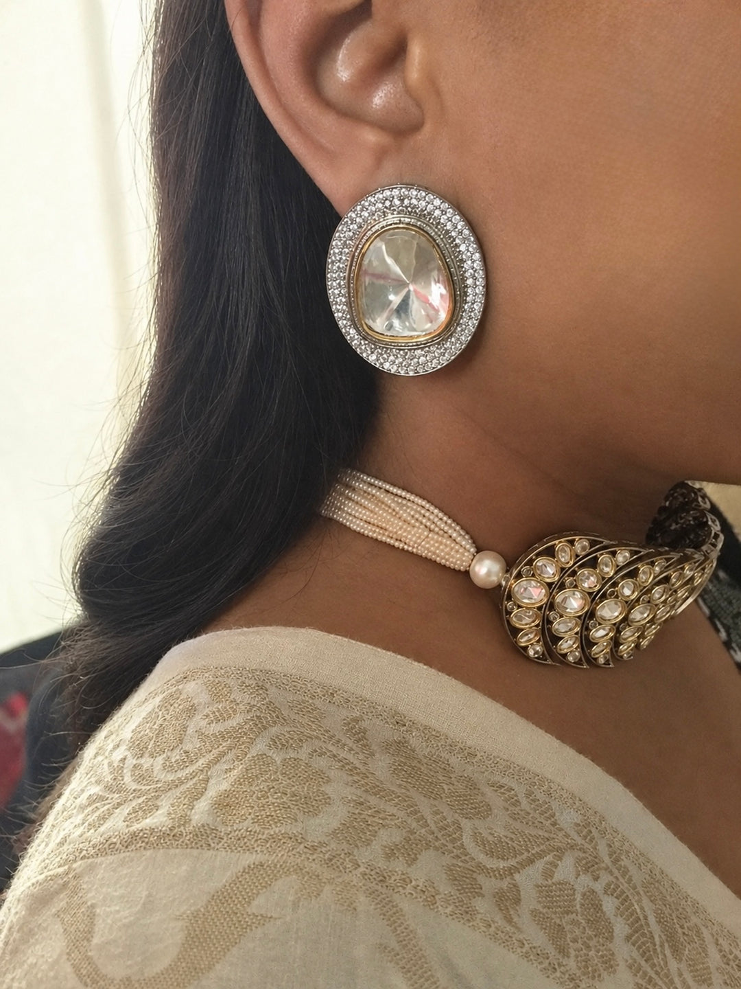 Dual Tone Kundan Choker Necklace Set with Pearl Strand