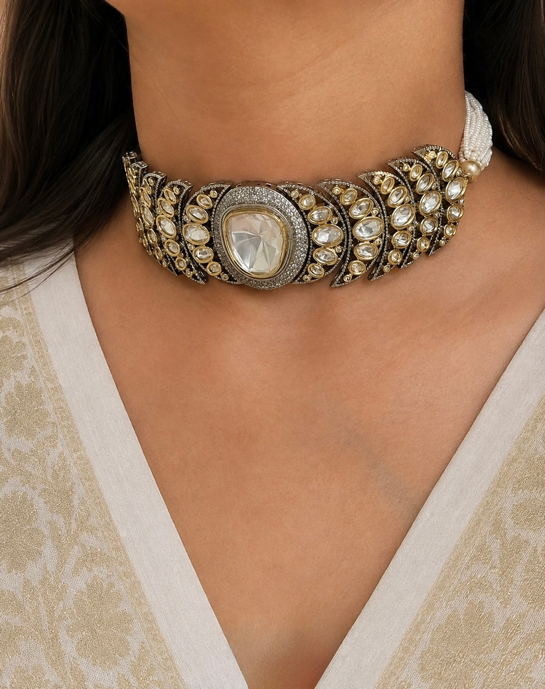 Dual Tone Kundan Choker Necklace Set with Pearl Strand
