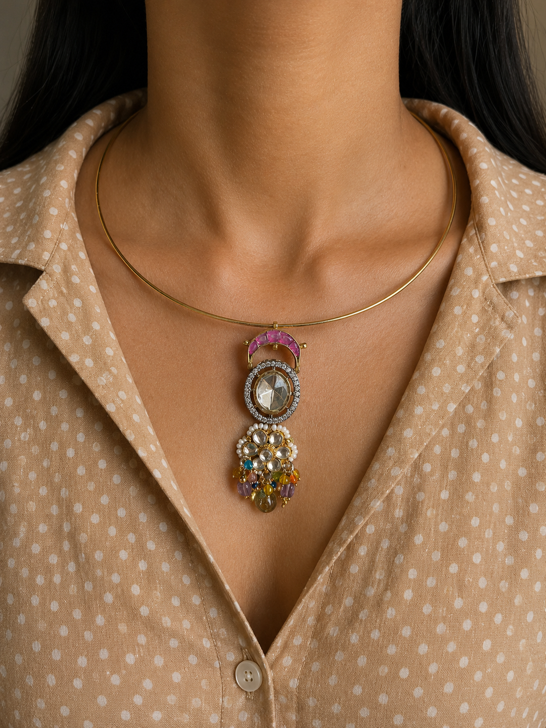 Sleek Gold Collar Wire Necklace Set with CZ & Gemstone Charm, Minimalist Set
