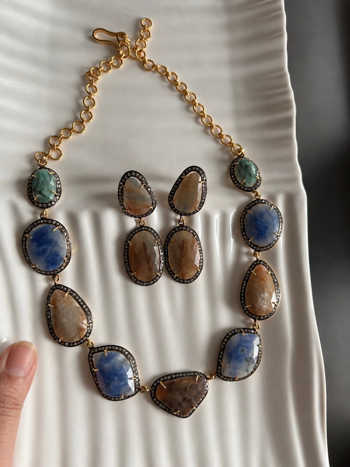 Gold-Plated Multi-Sapphire 925 Silver Necklace Set