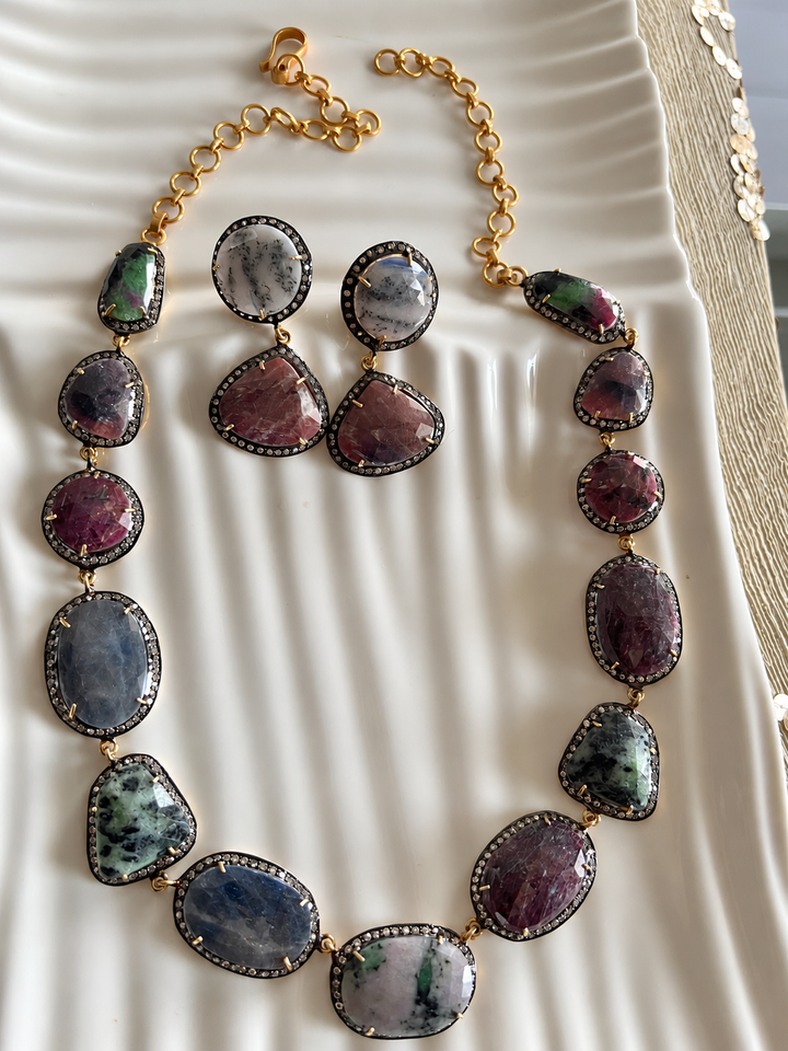 Gold-Plated Multi-Sapphire 925 Silver Necklace Set