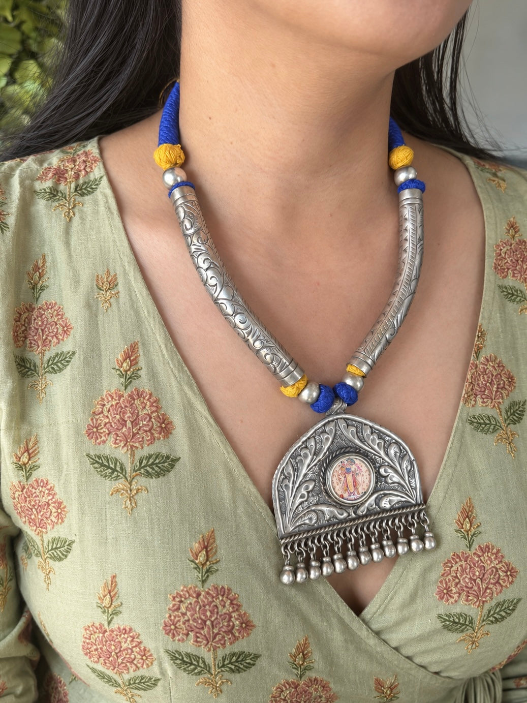 Hand-Painted Srinathji Tribal Pendant Necklace