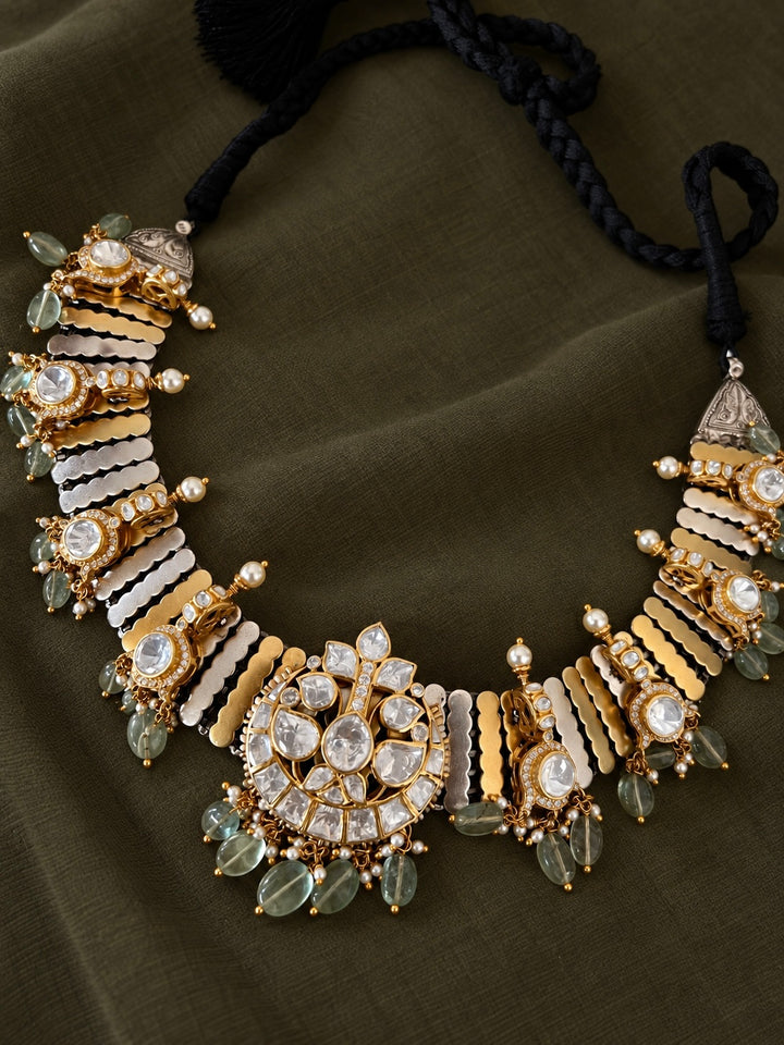 Kundan Polki 925 Silver Choker Set with Pastel Drops