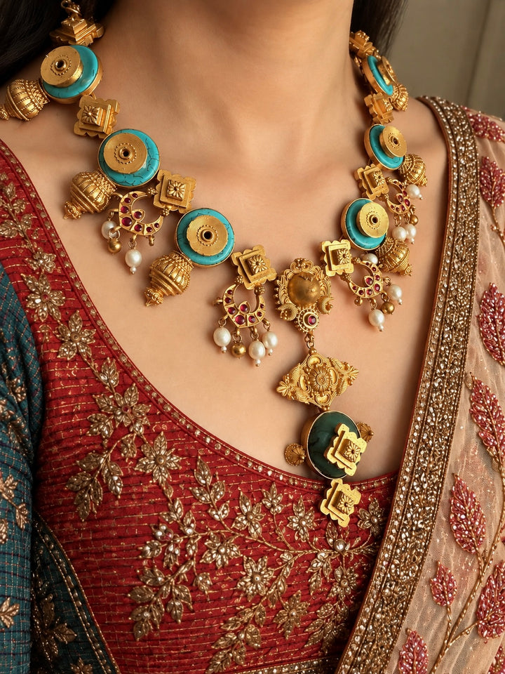 Turquoise Pearl Kundan 925 Silver Necklace