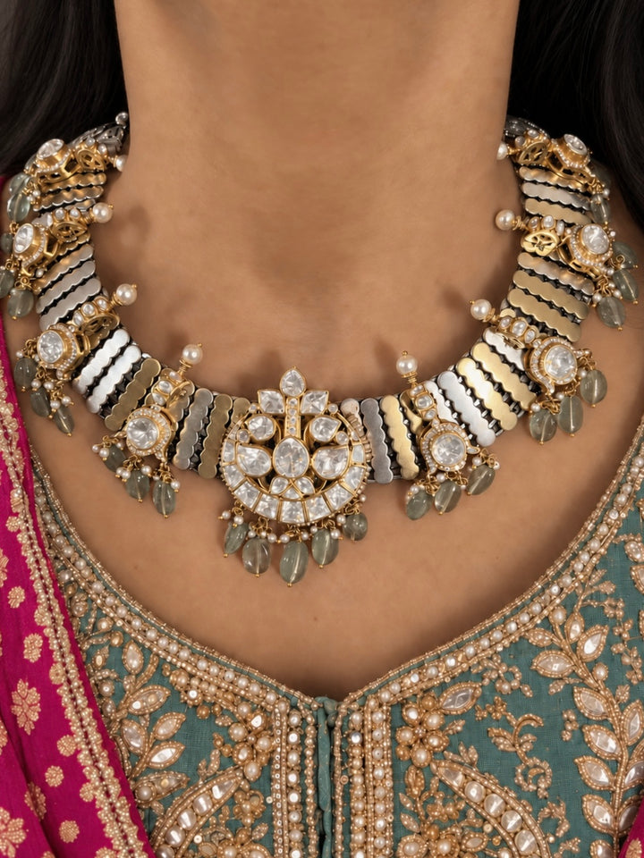 Kundan Polki 925 Silver Choker Set with Pastel Drops