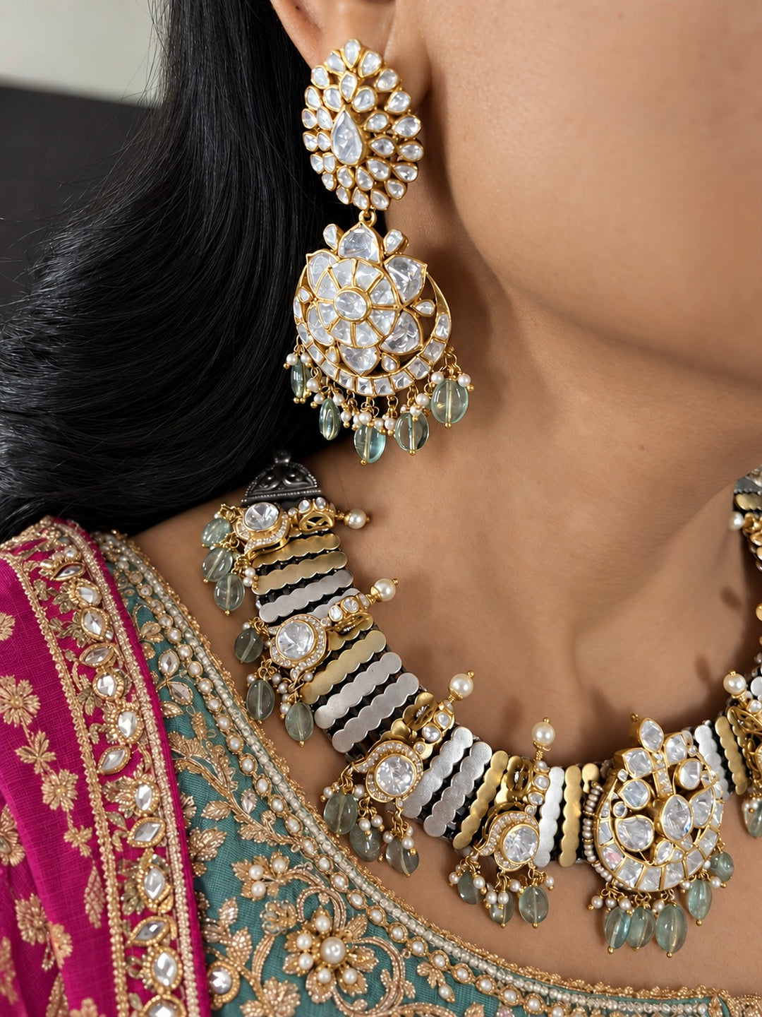 Kundan Polki 925 Silver Choker Set with Pastel Drops