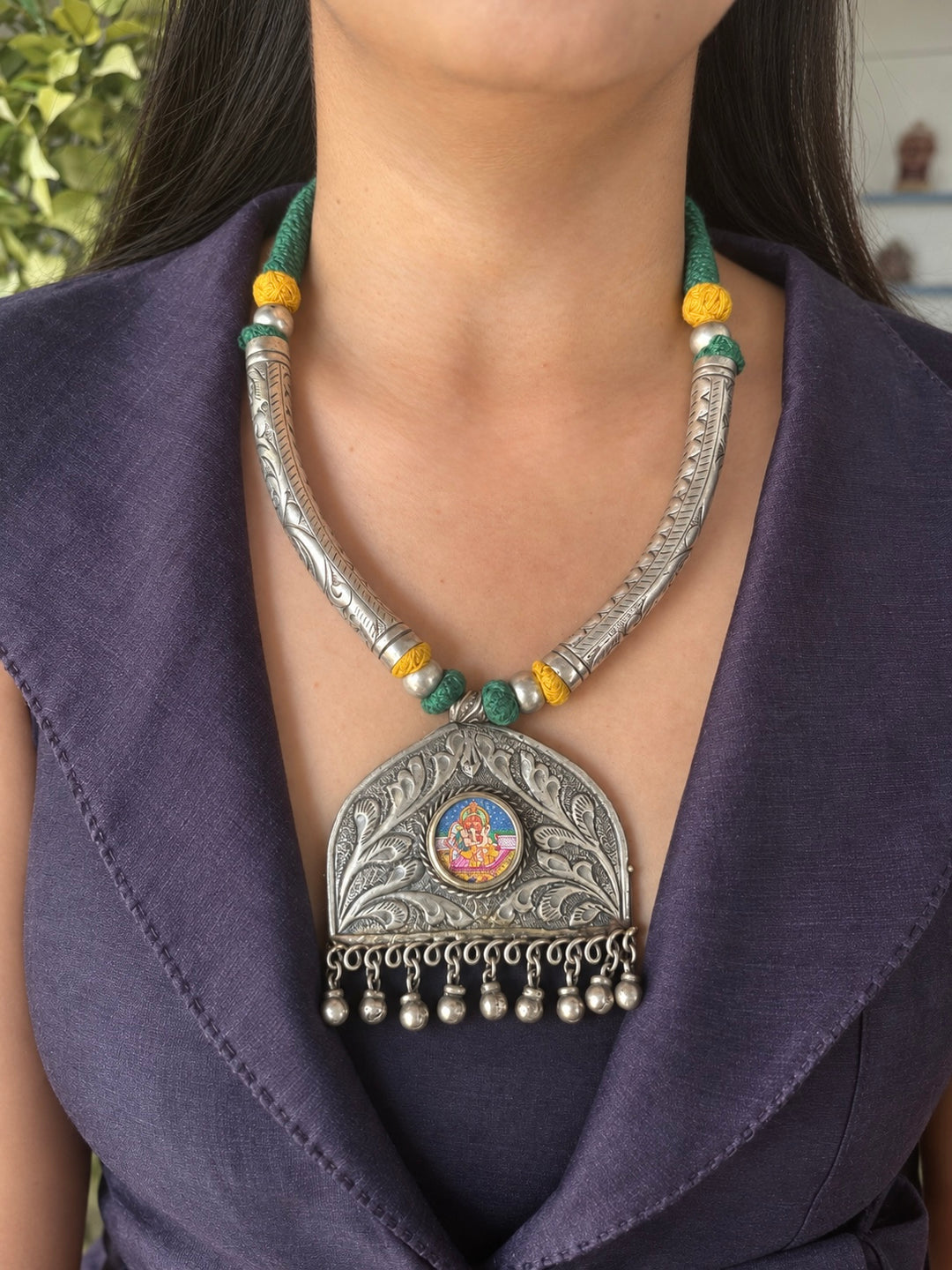Hand-Painted Ganesha Tribal Pendant Necklace
