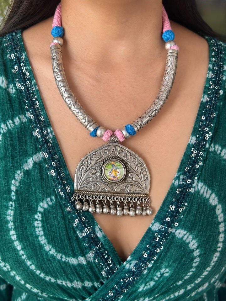 Hand-Painted Krishna Tribal Pendant Necklace