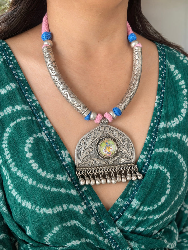 Hand-Painted Krishna Tribal Pendant Necklace