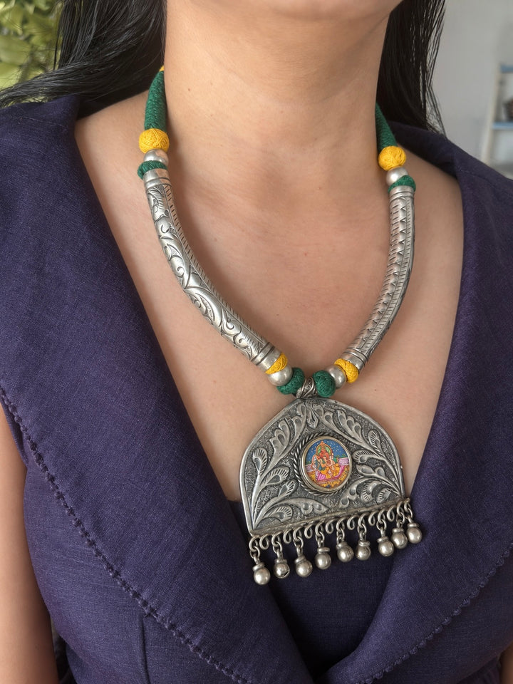 Hand-Painted Ganesha Tribal Pendant Necklace