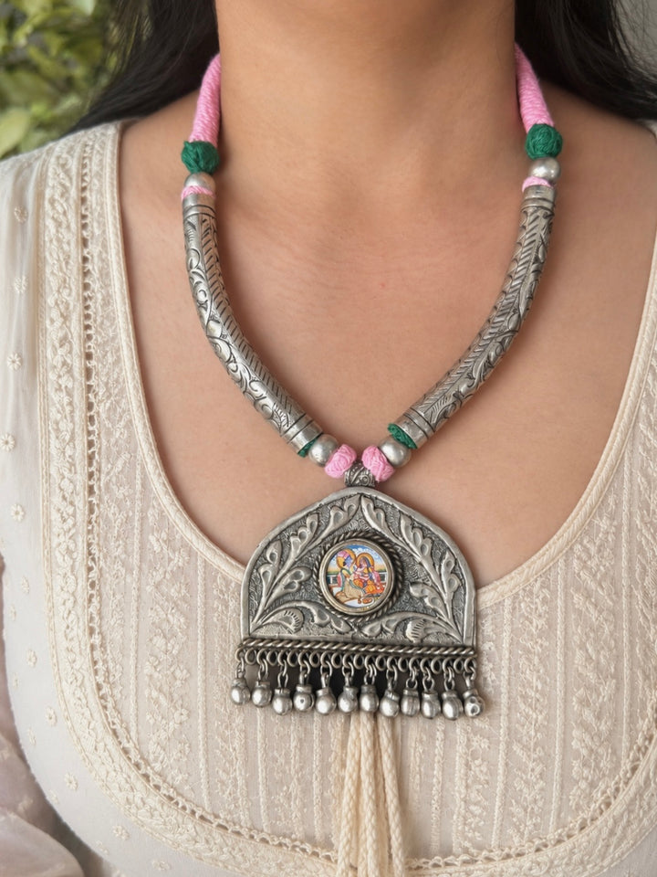 Hand-Painted Radha Krishna Tribal Pendant Necklace