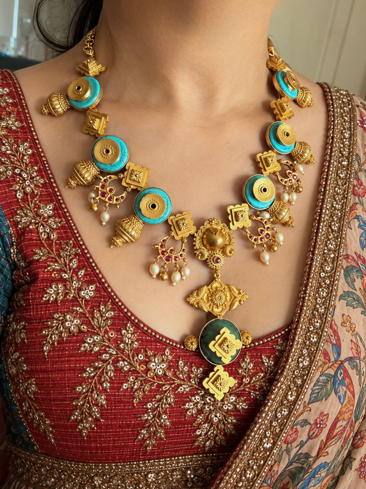 Turquoise Pearl Kundan 925 Silver Necklace