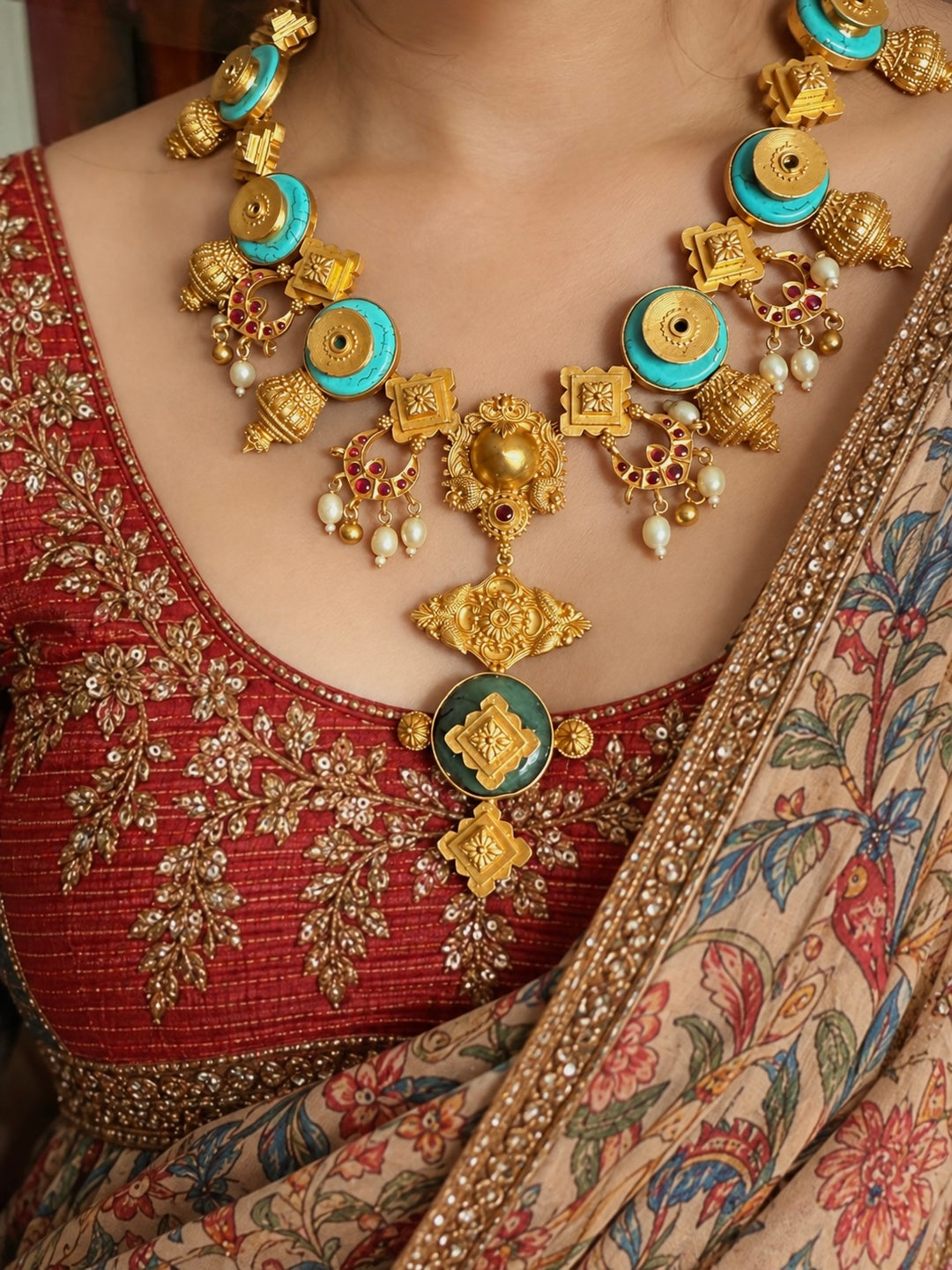 Turquoise Pearl Kundan 925 Silver Necklace