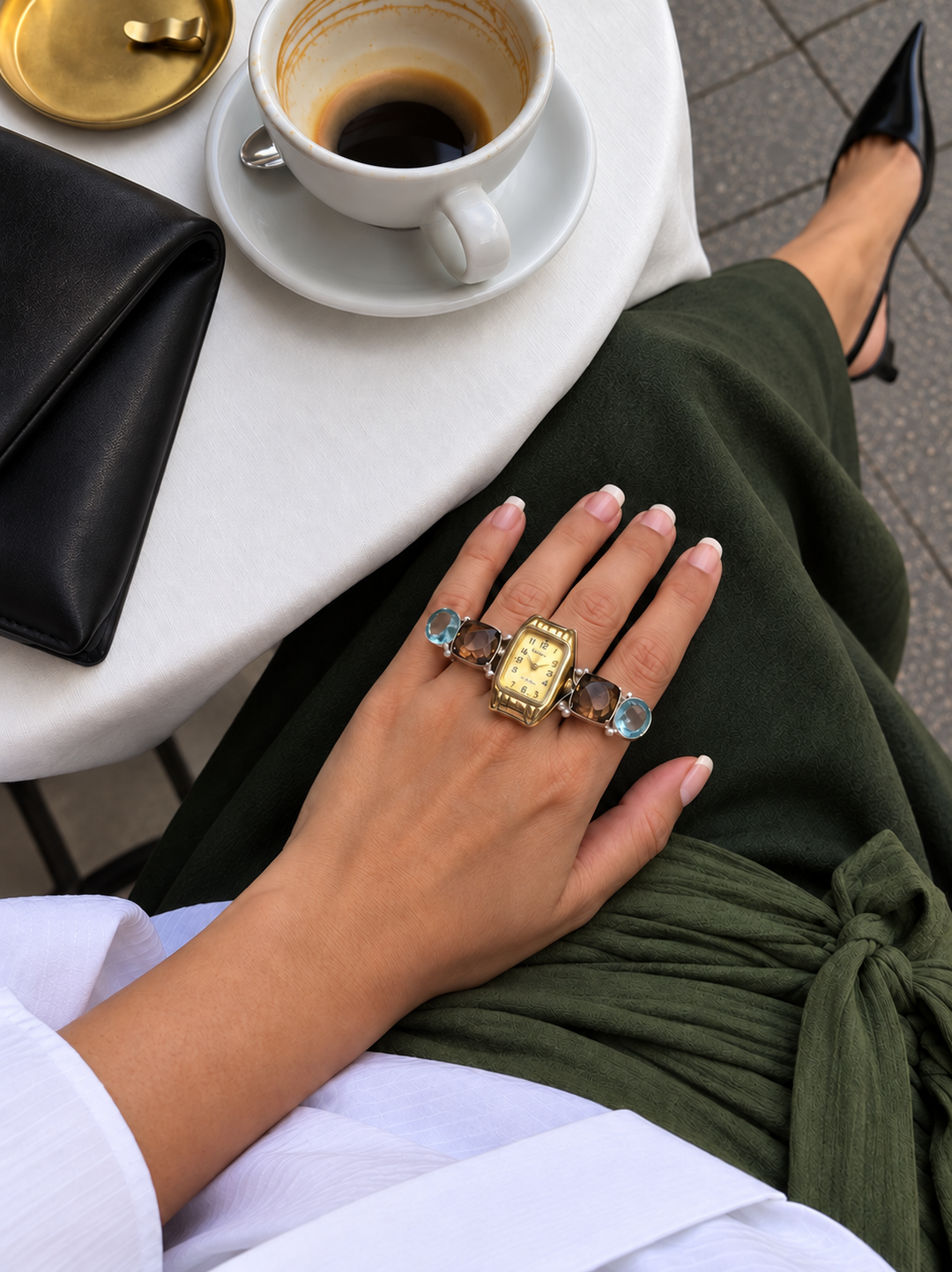 Vintage Watch Quartz Stones Statement Ring