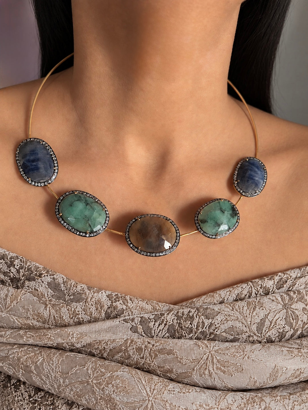 Antique Gold Multi-Sapphire 925 Silver Hasli Set