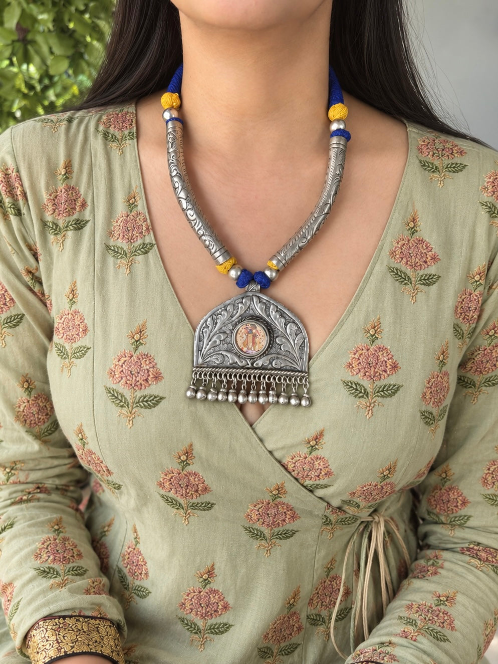 Hand-Painted Srinathji Tribal Pendant Necklace