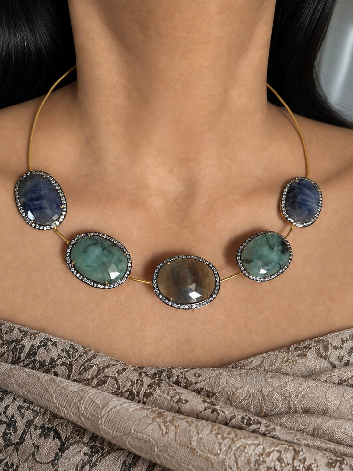 Antique Gold Multi-Sapphire 925 Silver Hasli Set