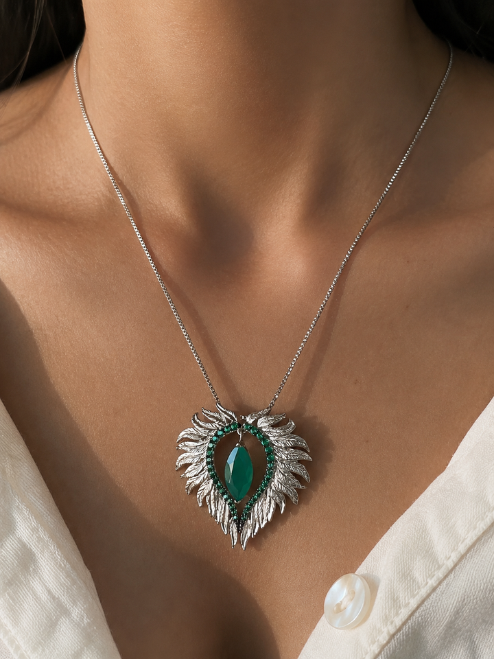 Elegant Agate Stone 925 Silver Pendant Chain Necklace Set | SHIVKA | Lightweight Dinner Jewelry