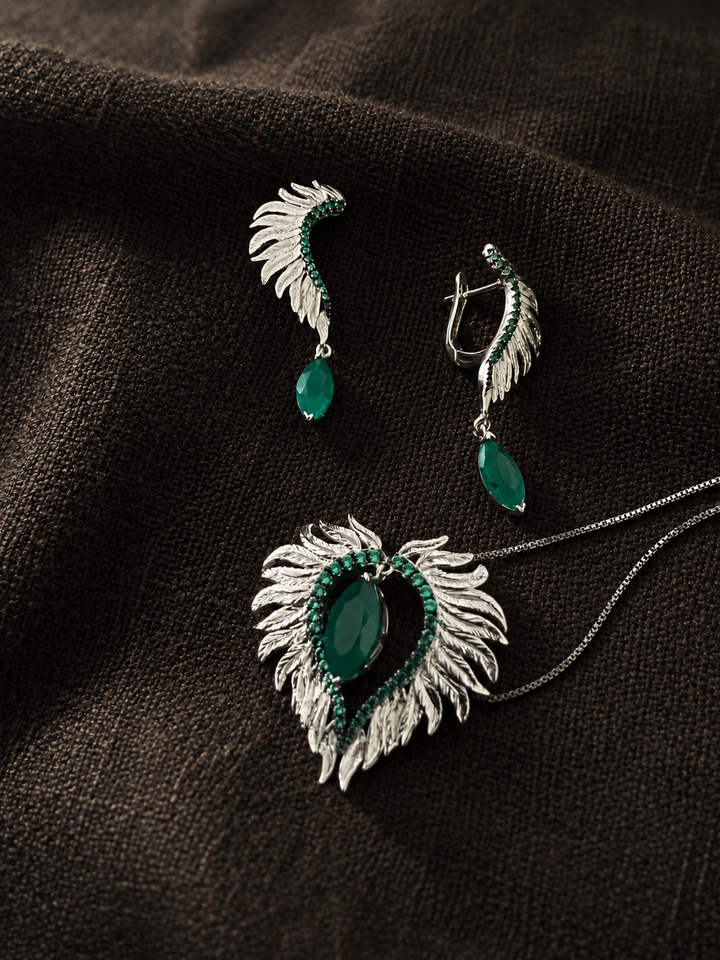 Elegant Agate Stone 925 Silver Pendant Chain Necklace Set | SHIVKA | Lightweight Dinner Jewelry