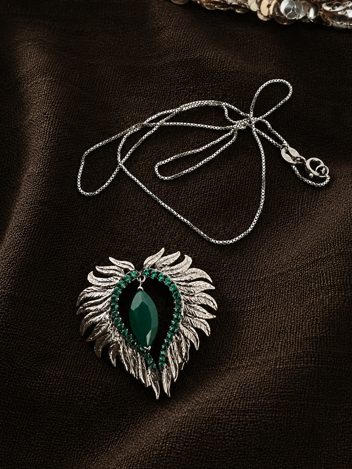Elegant Agate Stone 925 Silver Pendant Chain Necklace Set | SHIVKA | Lightweight Dinner Jewelry