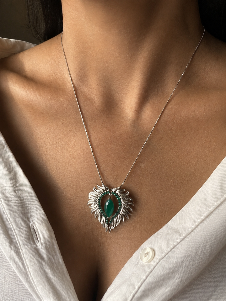 Elegant Agate Stone 925 Silver Pendant Chain Necklace Set | SHIVKA | Lightweight Dinner Jewelry