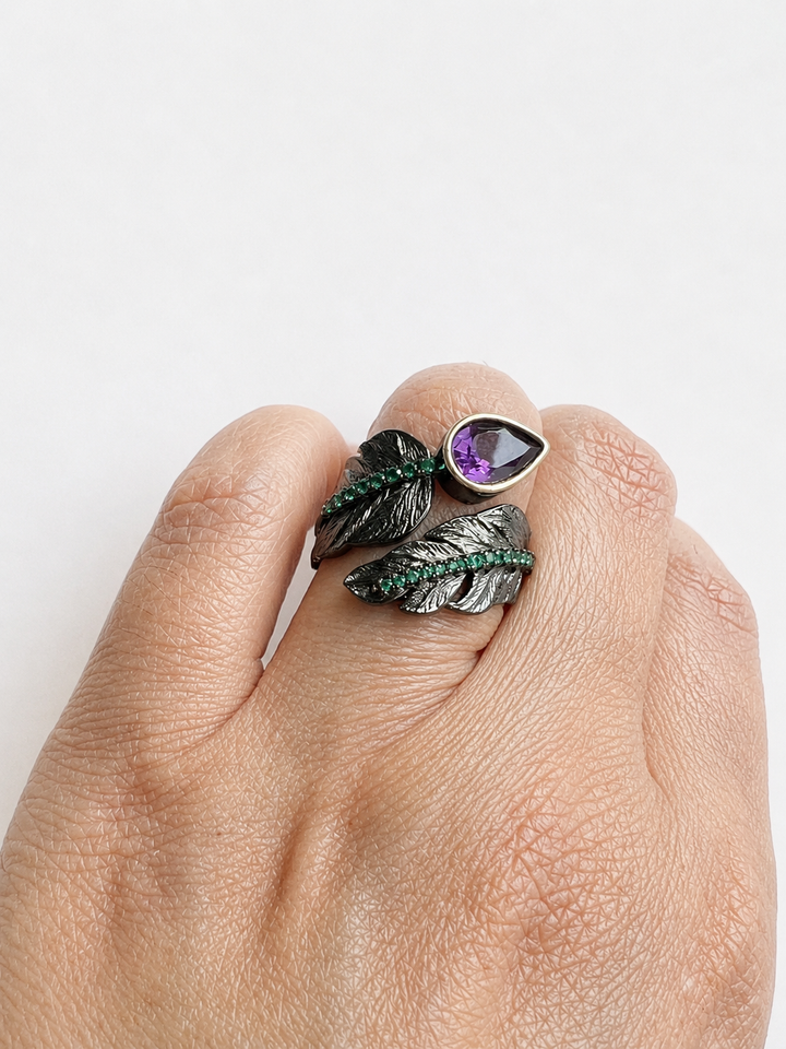 Pure 925 Silver Amethyst Leaf Ring