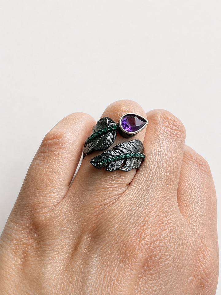 Pure 925 Silver Amethyst Leaf Ring