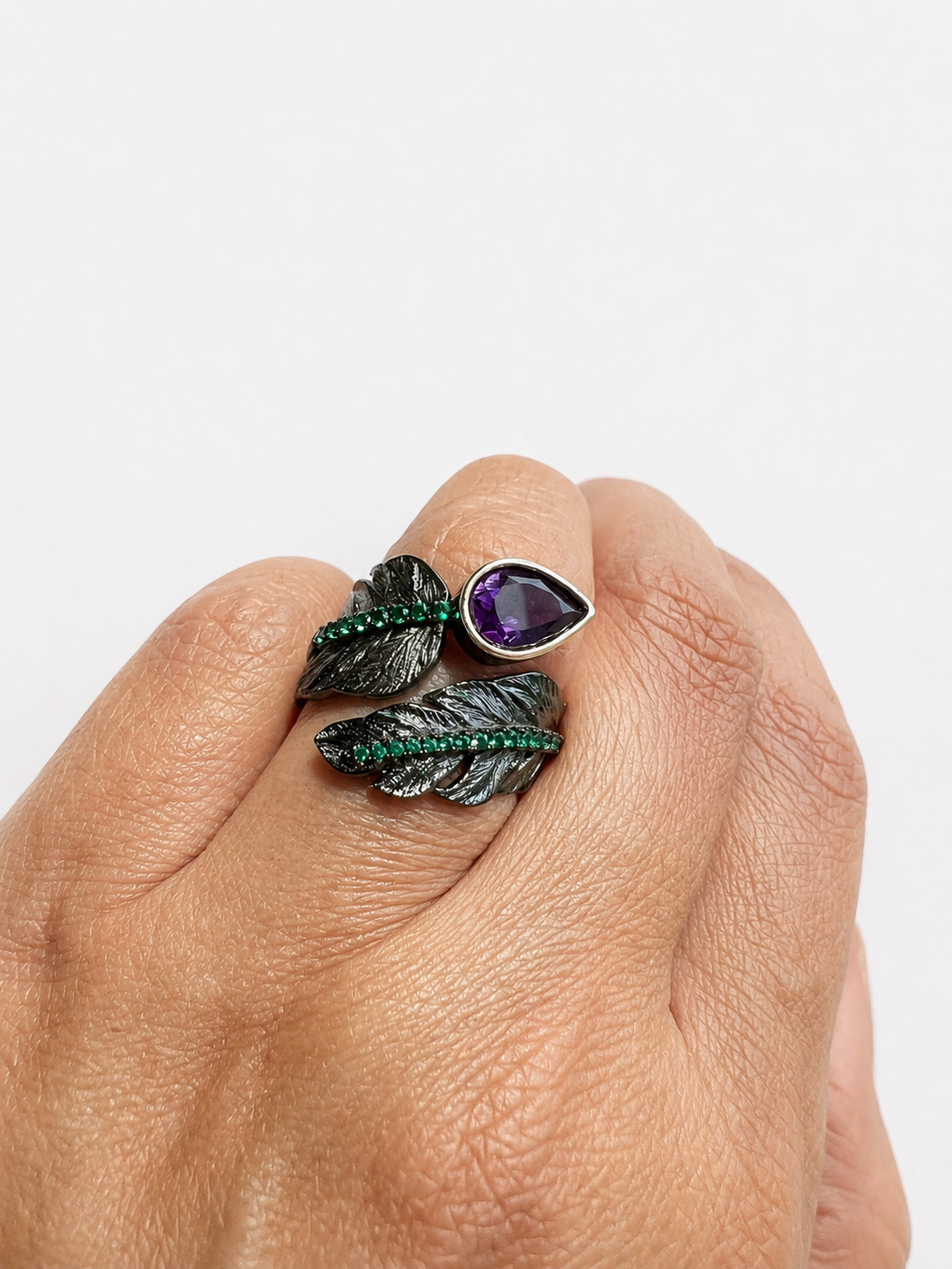 Pure 925 Silver Amethyst Leaf Ring