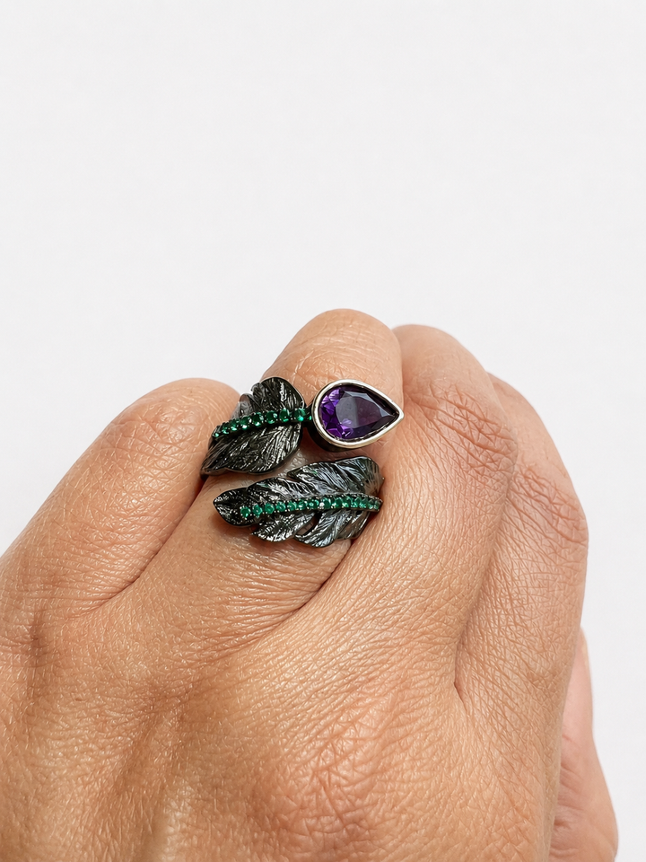 Pure 925 Silver Amethyst Leaf Ring
